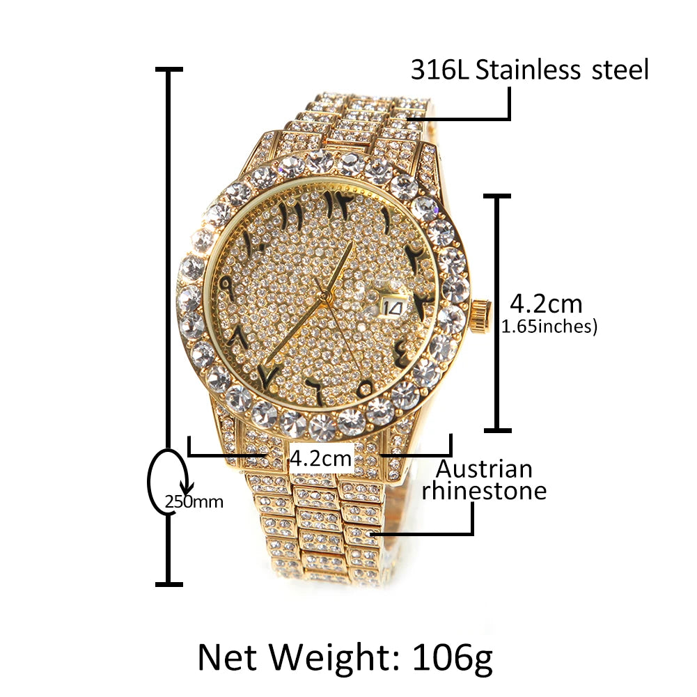 THE HIP HOP Big Dial Full Iced Out Arabic Numerals Watches Stainless Steel Fashion Luxury Rhinestones Quartz Wristwatches Watch