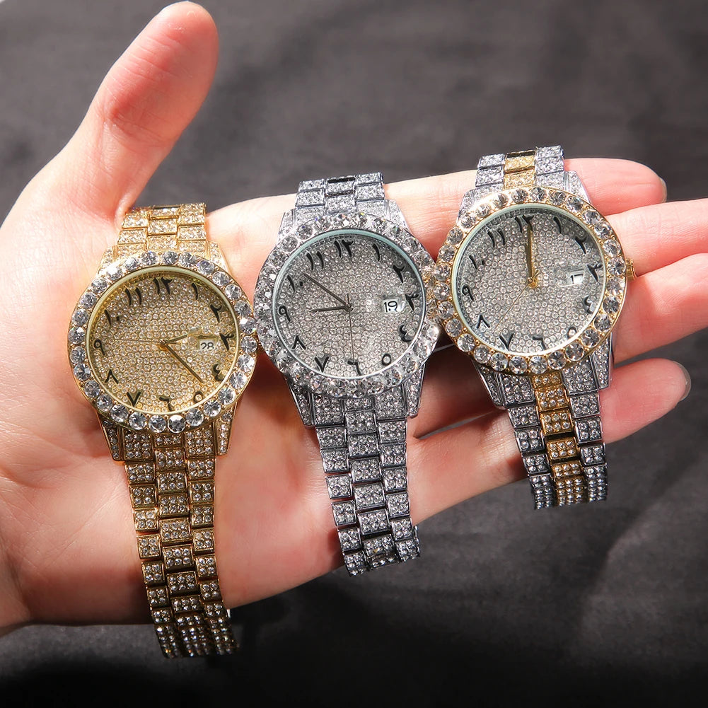 THE HIP HOP Big Dial Full Iced Out Arabic Numerals Watches Stainless Steel Fashion Luxury Rhinestones Quartz Wristwatches Watch