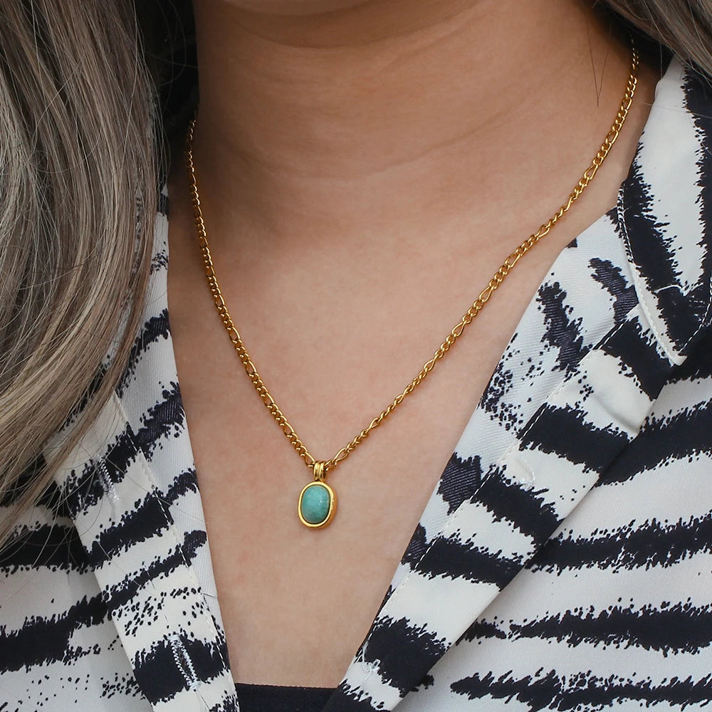 Tarnish Free Elegant Ladies Stainless Steel Gold Plated Figaro Chain Oval Natural Amazonite Stone Pendant Necklace For Women - Uknowucme