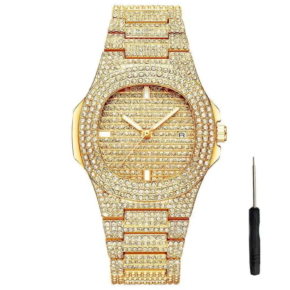 Drop shipping Diamond Iced Out Watch Men HIP HOP Quartz Gold Mens Watches Top Brand Luxury Steel Male Clock Relogio Masculino