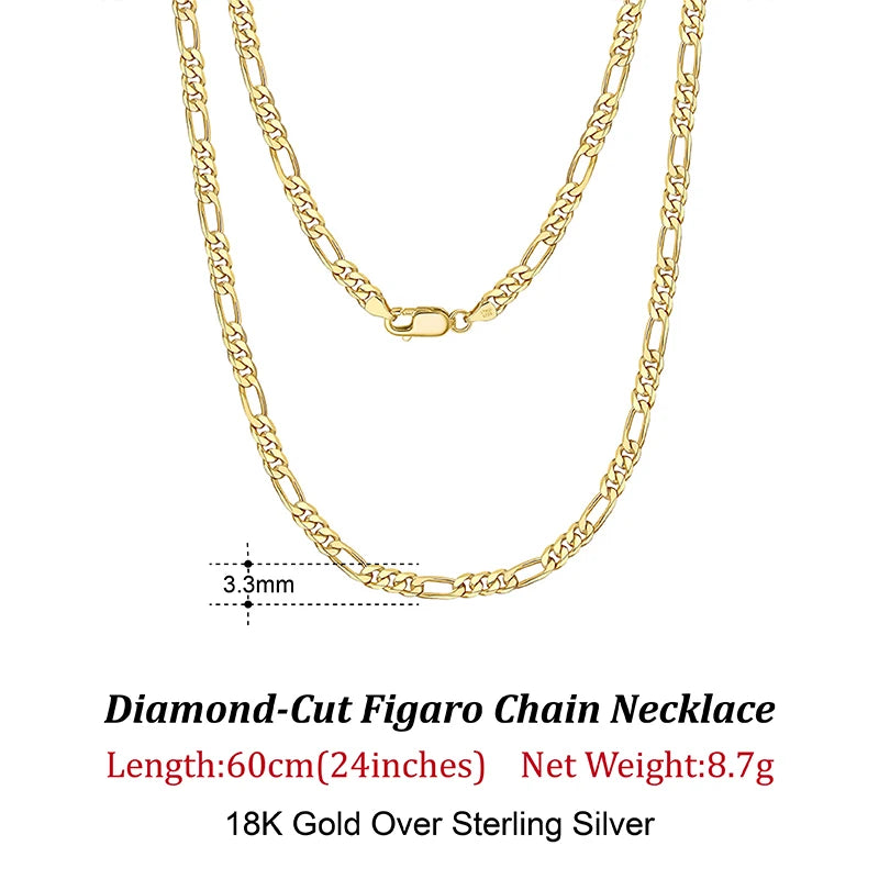 Rinntin 925 Sterling Silver 3.3mm Diamond-Cut Figaro Chain Necklace For Men Women Fashion Silver Necklace Luxury Jewelry SC34 - Uknowucme