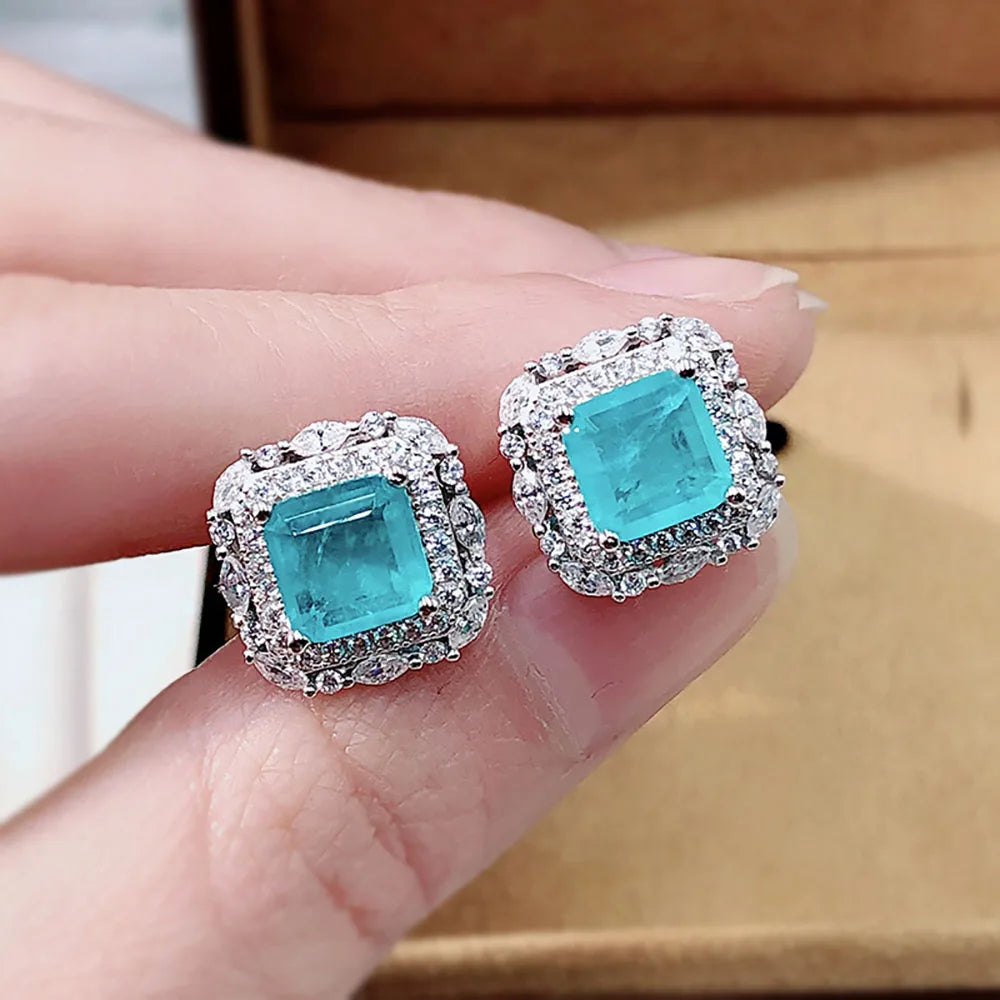 2021 New 925 Sterling Silver Gemstone Stud Earrings for Women Luxury 7*7 Paraiba Tourmaline Emerald Wedding Earring Fine Jewelry - Uknowucme