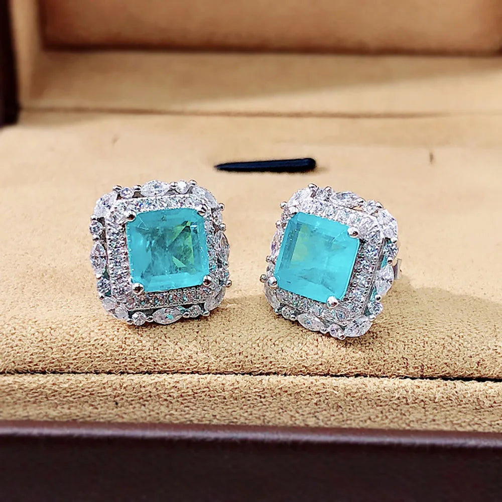 2021 New 925 Sterling Silver Gemstone Stud Earrings for Women Luxury 7*7 Paraiba Tourmaline Emerald Wedding Earring Fine Jewelry - Uknowucme