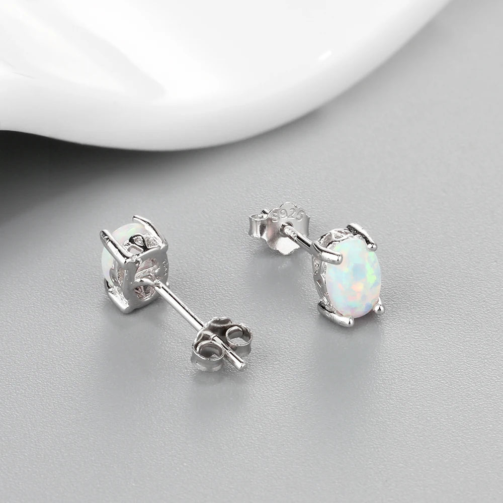 925 Sterling Silver Opal Stud Earrings Cute Small Oval White Fire Opal Earrings Fine Jewelry Wedding Gift (Lam Hub Fong)