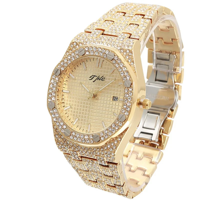 TPLE All Diamond Watches Round Luxury Men Watch Hip Hop Men Fashion Date Quartz Iced Out Bling Watch