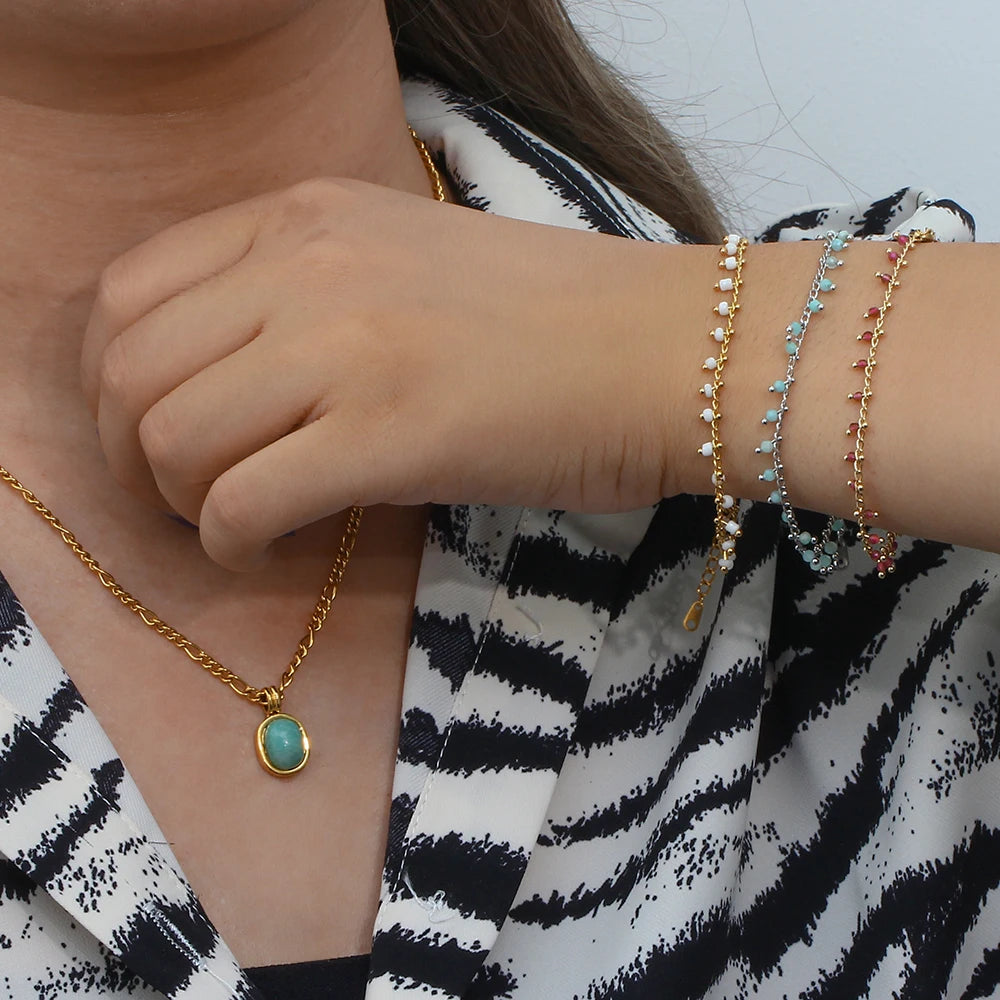 Tarnish Free Elegant Ladies Stainless Steel Gold Plated Figaro Chain Oval Natural Amazonite Stone Pendant Necklace For Women - Uknowucme