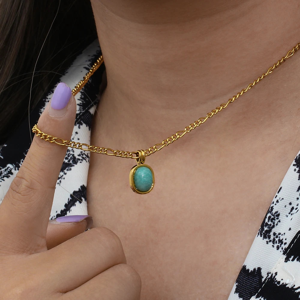 Tarnish Free Elegant Ladies Stainless Steel Gold Plated Figaro Chain Oval Natural Amazonite Stone Pendant Necklace For Women - Uknowucme