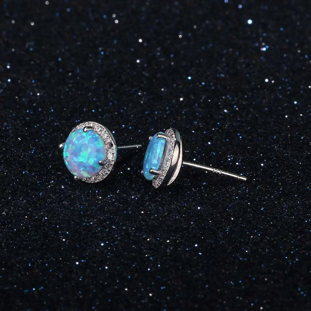 10mm Blue Opal Stone 925 Sterling Silver Stud Earrings Ocean Style Fashion Earrings for Women Gift for Her