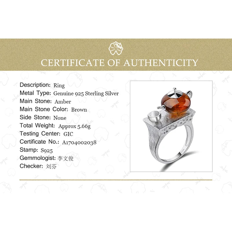 Lotus Fun Real 925 Sterling Silver Natural Amber Ring Original Handmade Fine Jewelry Vintage Cute Teapot Rings for Women Bijoux