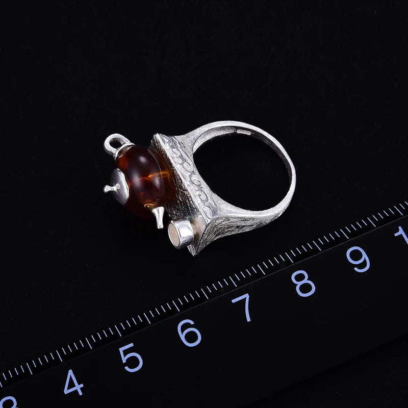 Lotus Fun Real 925 Sterling Silver Natural Amber Ring Original Handmade Fine Jewelry Vintage Cute Teapot Rings for Women Bijoux