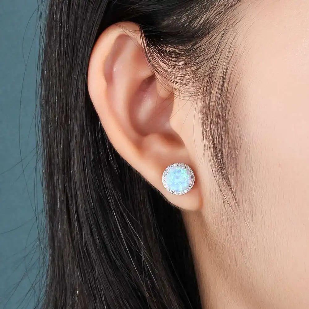 10mm Blue Opal Stone 925 Sterling Silver Stud Earrings Ocean Style Fashion Earrings for Women Gift for Her