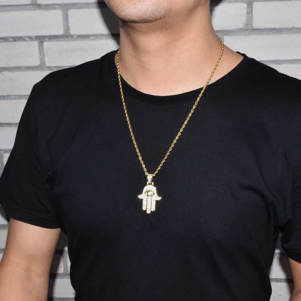 Bubble Letter Iced Hand Pendant Necklace Gold Color Cubic Zircon Men's Hip Hop Jewelry