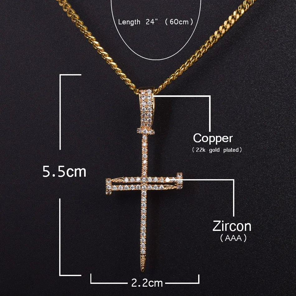 Bubble Letter Nail Cross Pendant Gold Color Copper Material Iced Rock Street Necklace Chain Fashion Hip Hop Jewelry