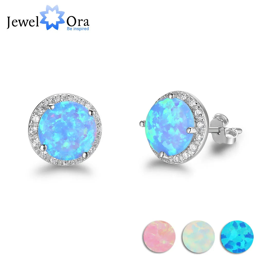 10mm Blue Opal Stone 925 Sterling Silver Stud Earrings Ocean Style Fashion Earrings for Women Gift for Her