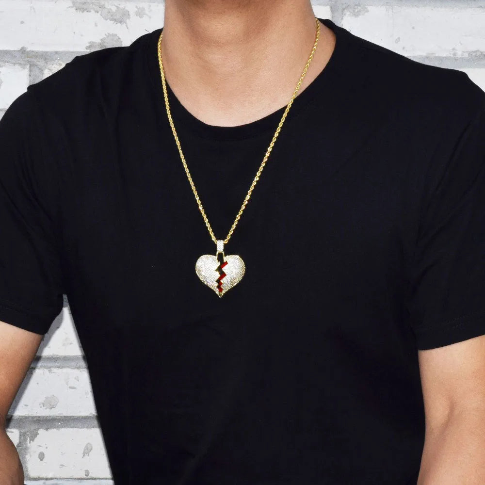 Bubble Letter Broken Heart Necklace & Pendant Charms Chain for Men Real Gold Plated Hip Hop Jewelry