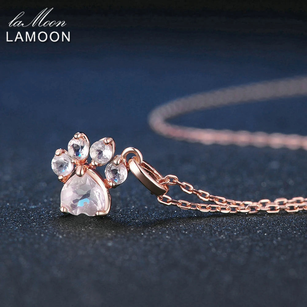 LAMOON Bear's Paw Pendant 925 Sterling Silver Necklace Natural Rose Quartz Gemstone Jewelry Rose Gold Chain Necklaces LMNI027 - Uknowucme