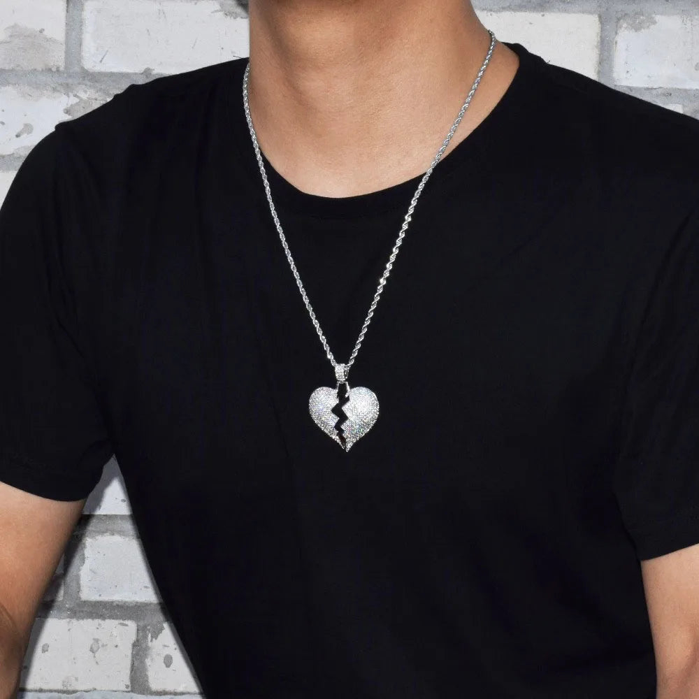 Bubble Letter Broken Heart Necklace & Pendant Charms Chain for Men Real Gold Plated Hip Hop Jewelry