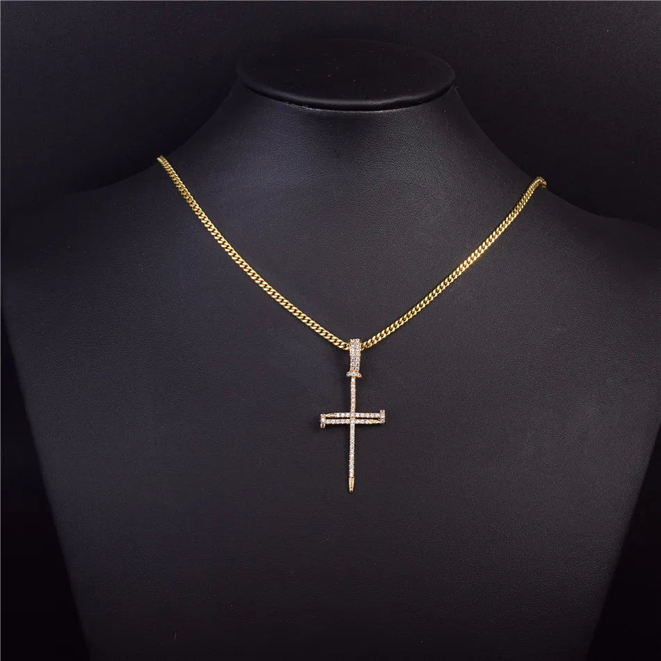 Bubble Letter Nail Cross Pendant Gold Color Copper Material Iced Rock Street Necklace Chain Fashion Hip Hop Jewelry