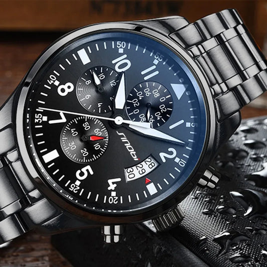 New SINOBI Pilot Mens Chronograph Wrist Watch Waterproof Date Top Luxury Brand Stainless Steel Diver Males Geneva Quartz saat - Uknowucme
