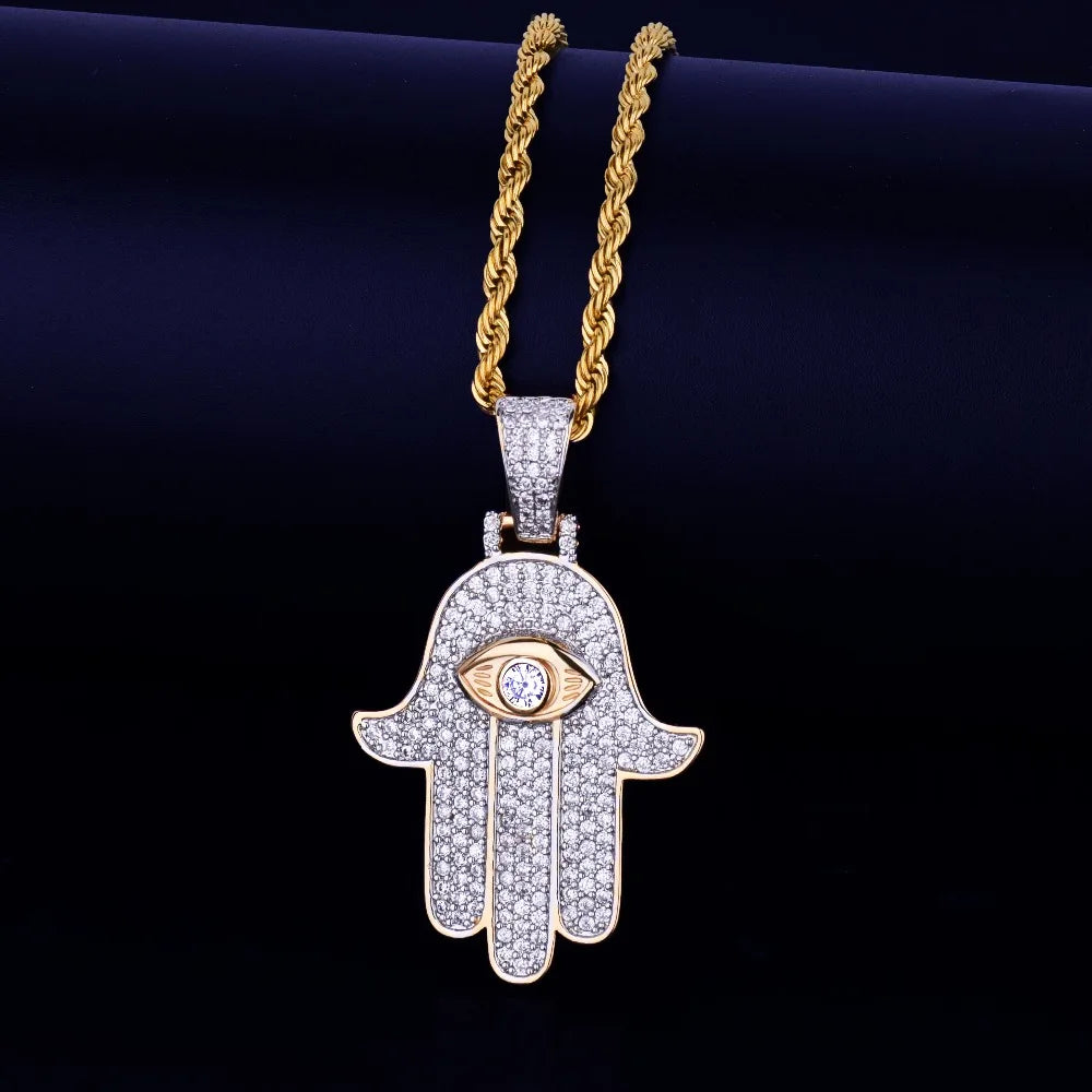 Bubble Letter Iced Hand Pendant Necklace Gold Color Cubic Zircon Men's Hip Hop Jewelry