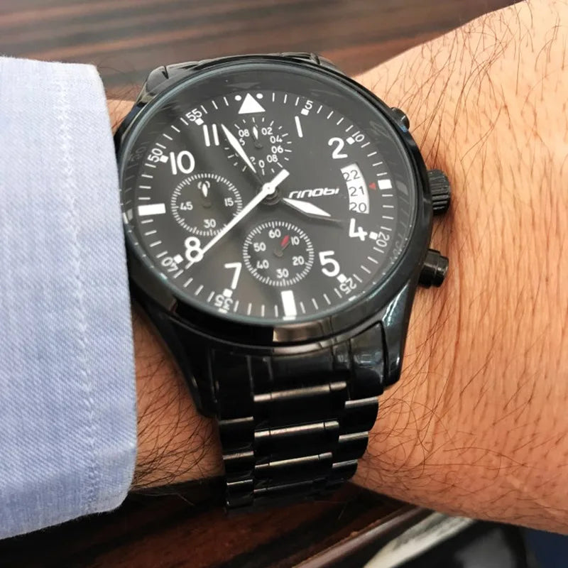 New SINOBI Pilot Mens Chronograph Wrist Watch Waterproof Date Top Luxury Brand Stainless Steel Diver Males Geneva Quartz saat - Uknowucme
