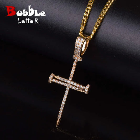 Bubble Letter Nail Cross Pendant Gold Color Copper Material Iced Rock Street Necklace Chain Fashion Hip Hop Jewelry