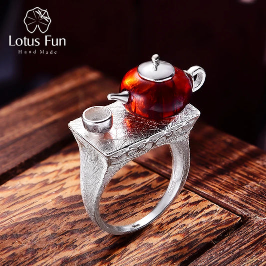 Lotus Fun Real 925 Sterling Silver Natural Amber Ring Original Handmade Fine Jewelry Vintage Cute Teapot Rings for Women Bijoux