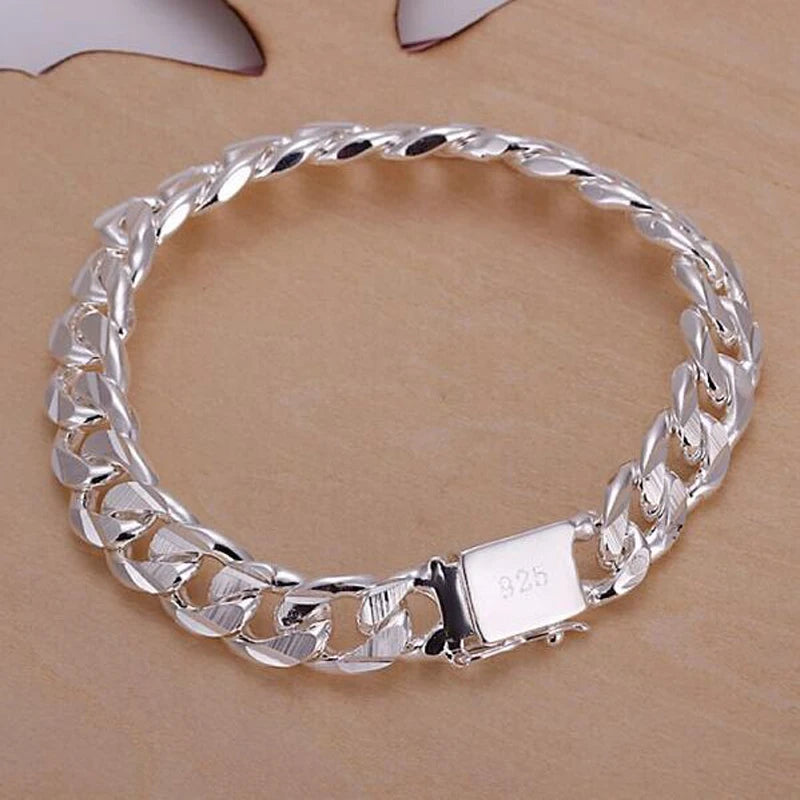 925 Silver 10MM Cuban Chain Bracelet for Women Men 8inch Silver Cuban Link Chain Wristband Classic Rock Heavy Male Jewelry Gift