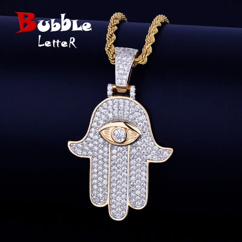 Bubble Letter Iced Hand Pendant Necklace Gold Color Cubic Zircon Men's Hip Hop Jewelry