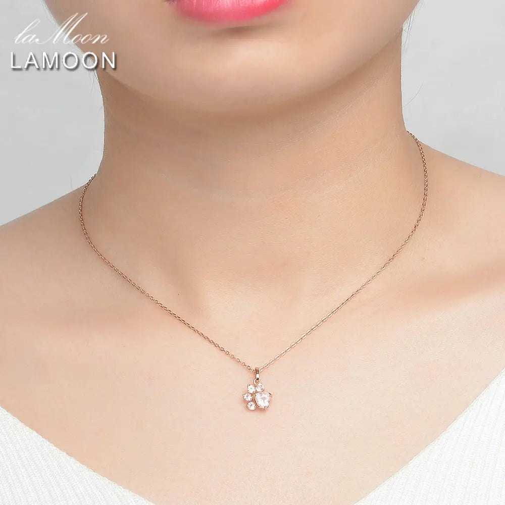 LAMOON Bear's Paw Pendant 925 Sterling Silver Necklace Natural Rose Quartz Gemstone Jewelry Rose Gold Chain Necklaces LMNI027 - Uknowucme