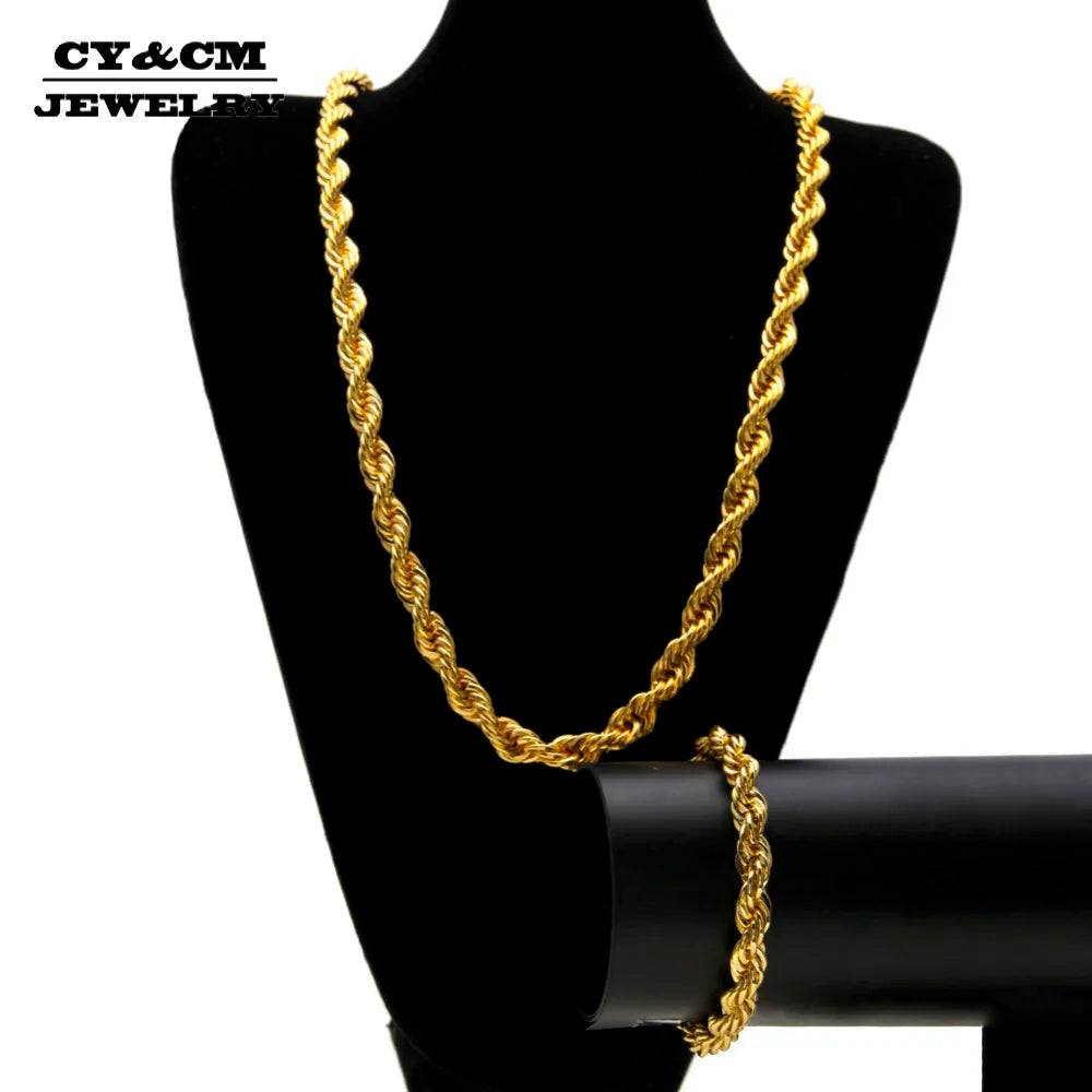 CY&CM Men Women Gold Silver Plated 10mm Rope Chain Hip Hop Punk Bling Bling Iced out Long Necklace 30" Bracelet 8" Jewelry Set - Uknowucme