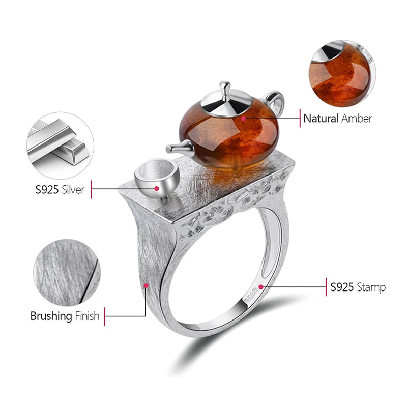 Lotus Fun Real 925 Sterling Silver Natural Amber Ring Original Handmade Fine Jewelry Vintage Cute Teapot Rings for Women Bijoux