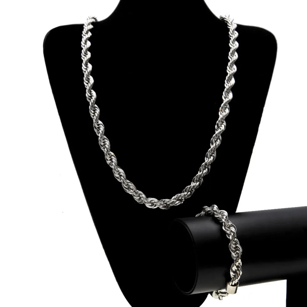 CY&CM Men Women Gold Silver Plated 10mm Rope Chain Hip Hop Punk Bling Bling Iced out Long Necklace 30" Bracelet 8" Jewelry Set - Uknowucme