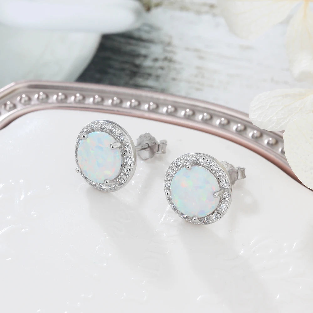 10mm Blue Opal Stone 925 Sterling Silver Stud Earrings Ocean Style Fashion Earrings for Women Gift for Her