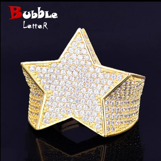 Bubble Letter Men Star Rings Charm Gold Color Full Zircon Fashion Hip Hop Rock Jewelry Bague Homme