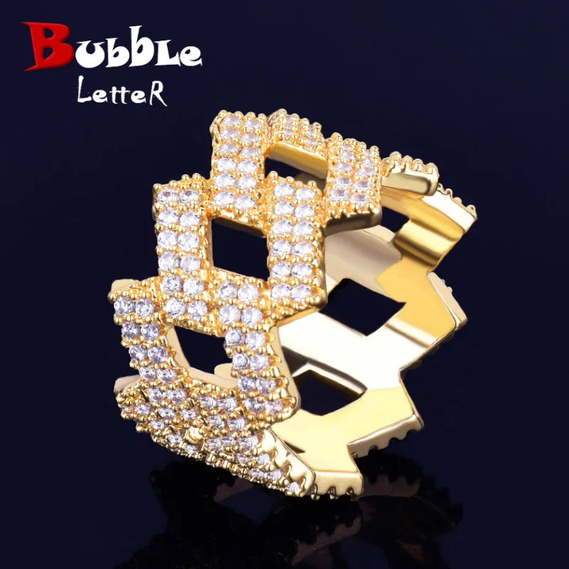 Bubble Letter Miami Cuban Link Rings for Men Gold Color Iced Out Full Zircon Hip Hop Rock Jewelry 2022 Trend - Uknowucme