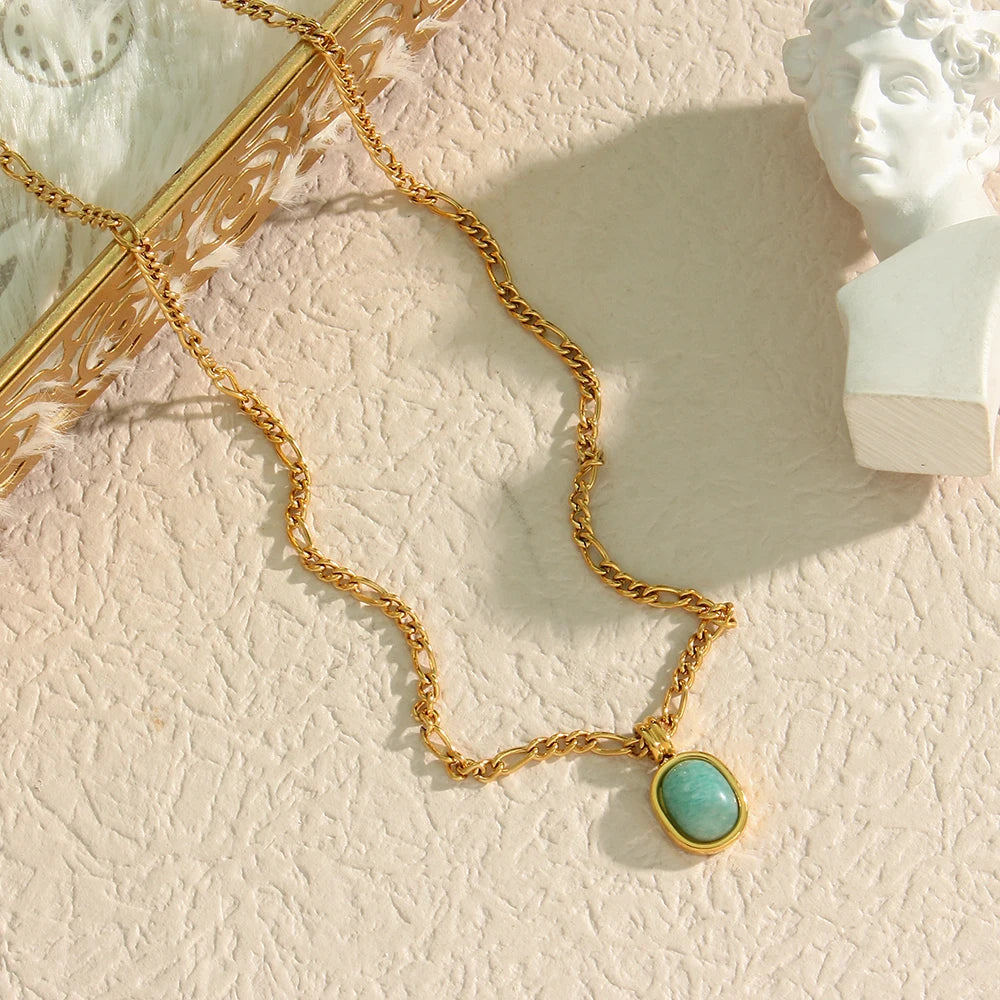 Tarnish Free Elegant Ladies Stainless Steel Gold Plated Figaro Chain Oval Natural Amazonite Stone Pendant Necklace For Women - Uknowucme