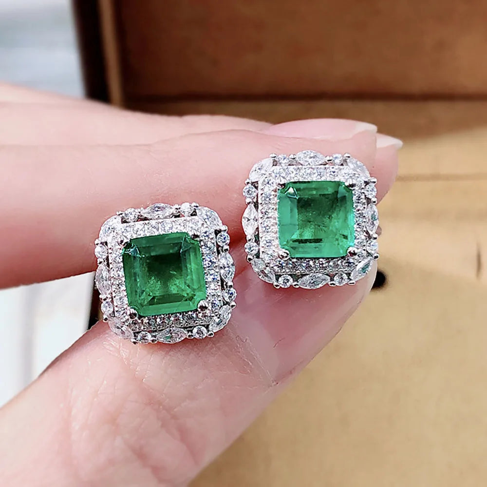 2021 New 925 Sterling Silver Gemstone Stud Earrings for Women Luxury 7*7 Paraiba Tourmaline Emerald Wedding Earring Fine Jewelry - Uknowucme