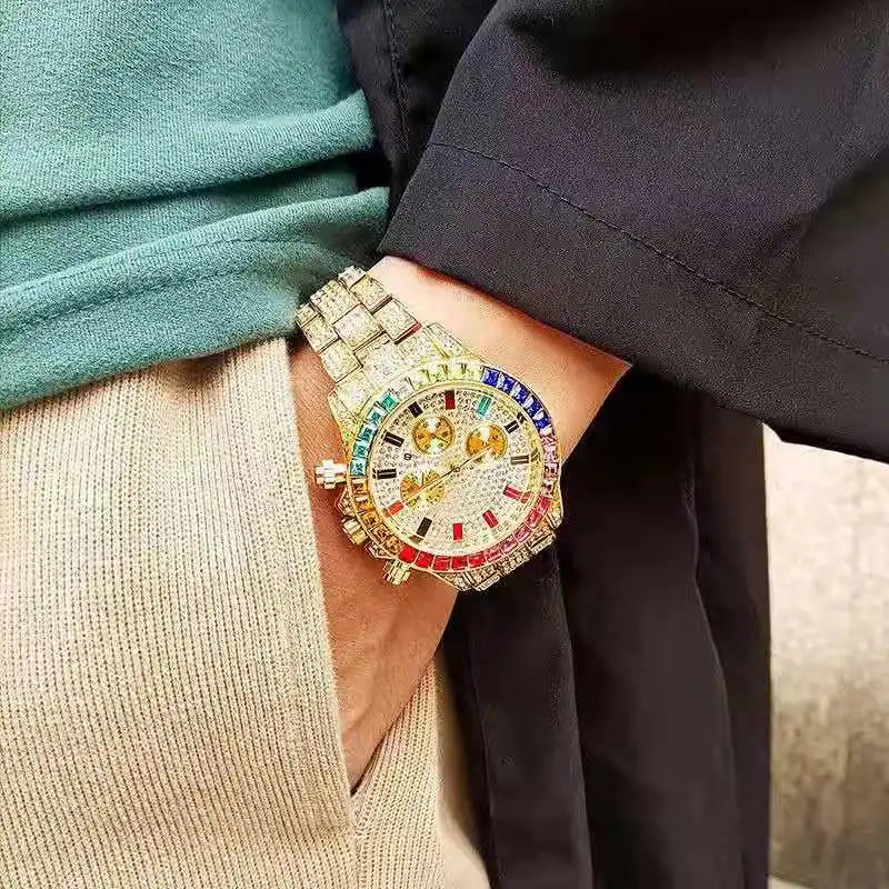 Watches for Men Luxury Hiphop Full Iced Out Watch Men Gold Colorful Rhinestone Hip Hop Watch Quartz Wristwatch Relogio Masculino