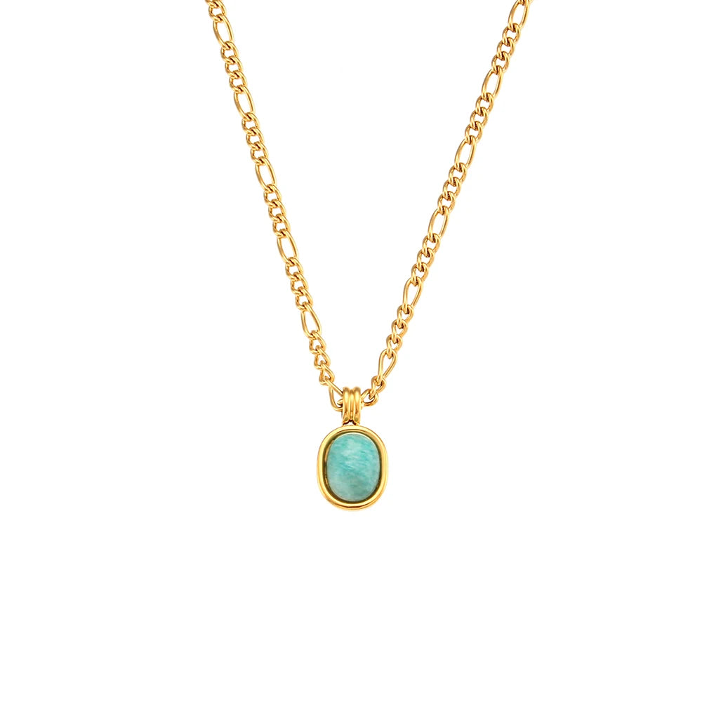 Tarnish Free Elegant Ladies Stainless Steel Gold Plated Figaro Chain Oval Natural Amazonite Stone Pendant Necklace For Women - Uknowucme