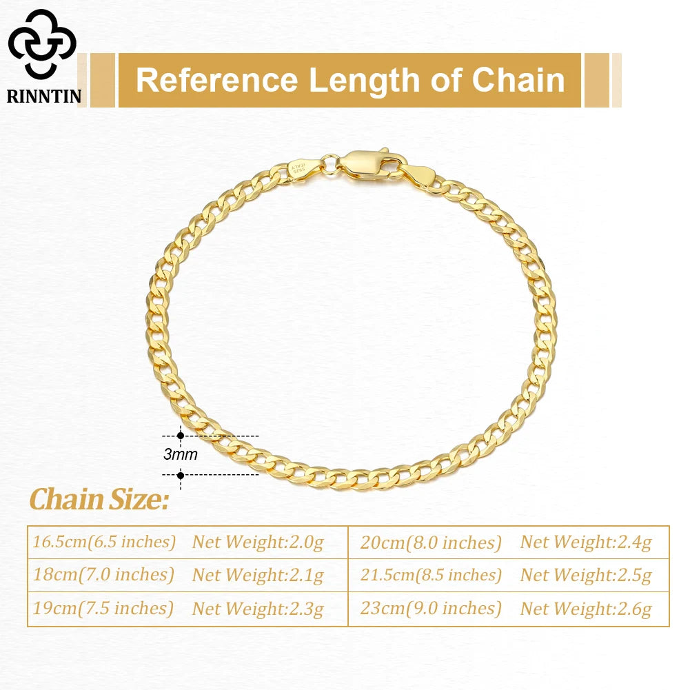 Rinntin 925 Sterling Silver Handmade 3mm Cuban Chain Bracelet for Men Women Italian Silver Link Chain Bracelet Jewelry SB123