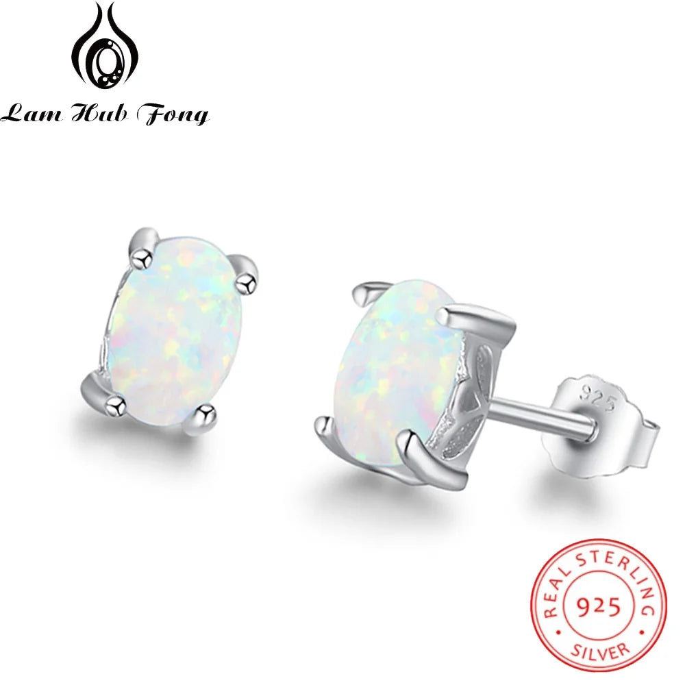 925 Sterling Silver Opal Stud Earrings Cute Small Oval White Fire Opal Earrings Fine Jewelry Wedding Gift (Lam Hub Fong)