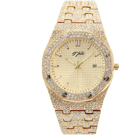 TPLE All Diamond Watches Round Luxury Men Watch Hip Hop Men Fashion Date Quartz Iced Out Bling Watch