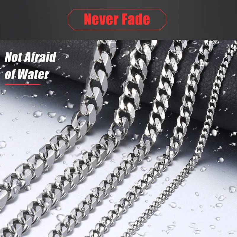 3-11mm Men's Curb Chain Necklace Silver Color Stainless Steel Curb Cuban Link Long Chain for Unisex Men Punk Classic Jewelry