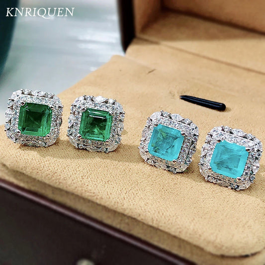 2021 New 925 Sterling Silver Gemstone Stud Earrings for Women Luxury 7*7 Paraiba Tourmaline Emerald Wedding Earring Fine Jewelry - Uknowucme