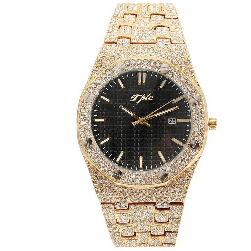 TPLE All Diamond Watches Round Luxury Men Watch Hip Hop Men Fashion Date Quartz Iced Out Bling Watch