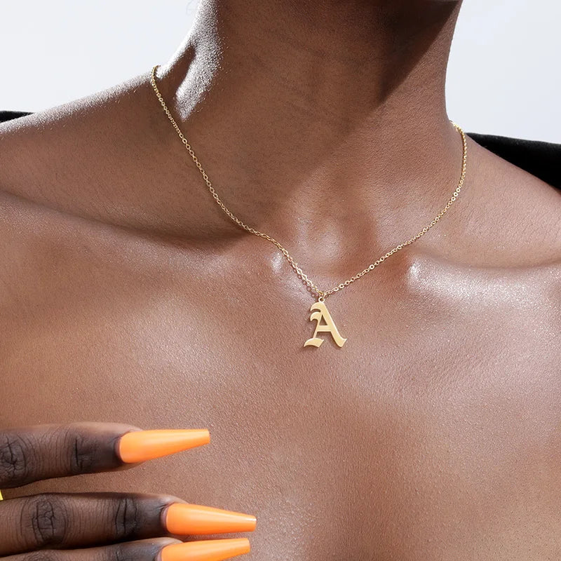 Goth Old English Initial Letter Necklace For Women Stainless Steel Letter A-Z Choker Necklaces Men Vintage Aesthetic Jewelry bff - Uknowucme