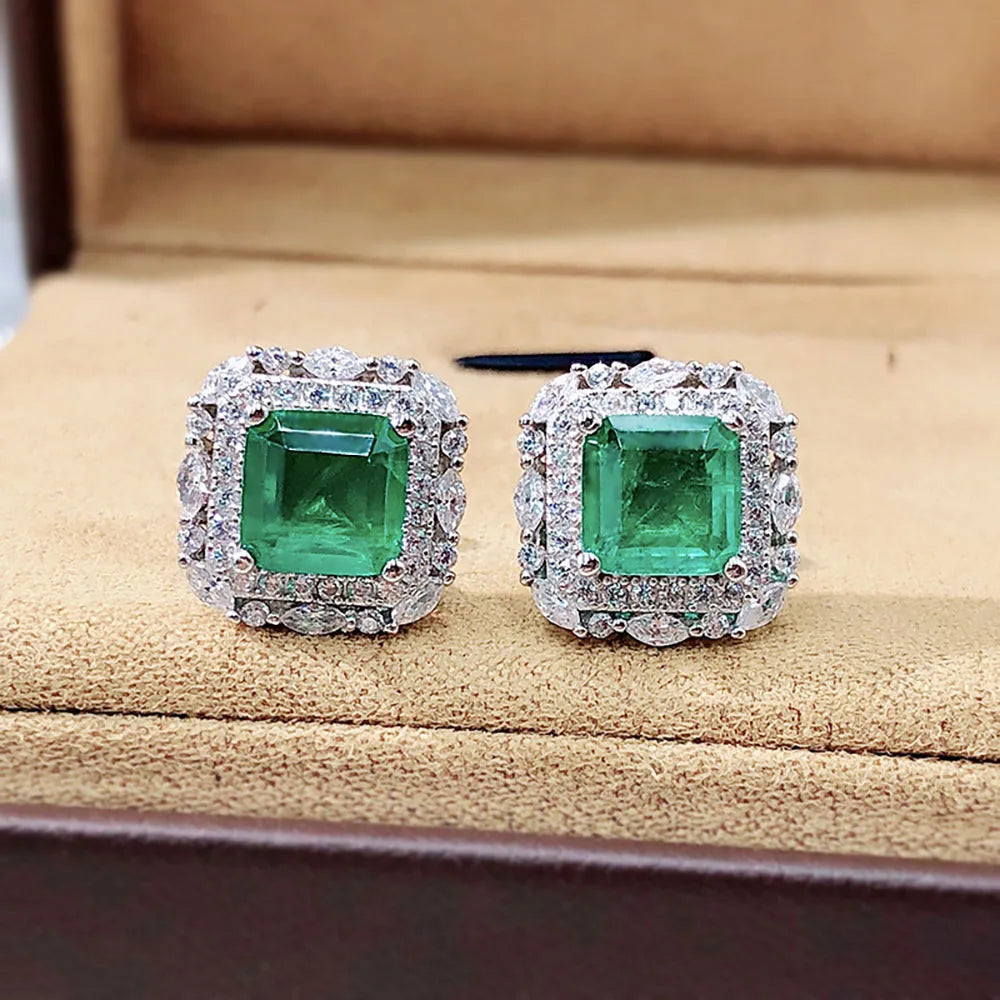 2021 New 925 Sterling Silver Gemstone Stud Earrings for Women Luxury 7*7 Paraiba Tourmaline Emerald Wedding Earring Fine Jewelry - Uknowucme