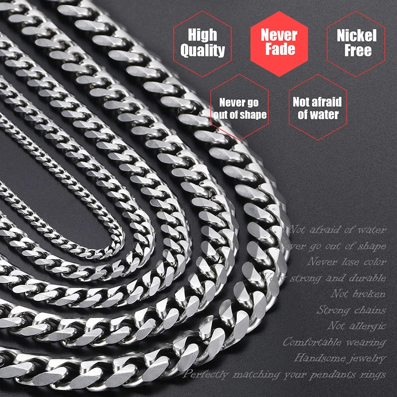 3-11mm Men's Curb Chain Necklace Silver Color Stainless Steel Curb Cuban Link Long Chain for Unisex Men Punk Classic Jewelry