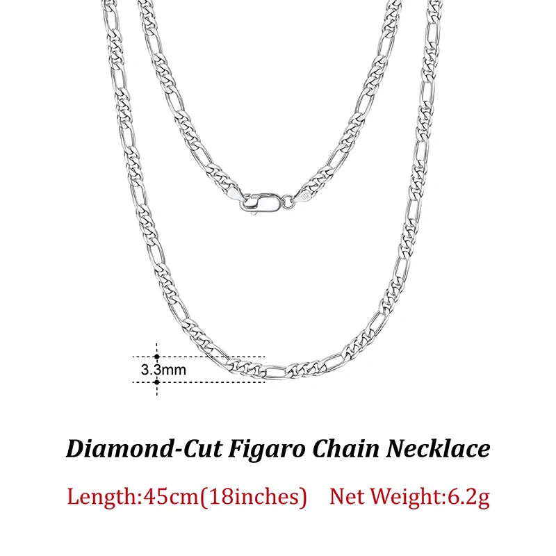 Rinntin 925 Sterling Silver 3.3mm Diamond-Cut Figaro Chain Necklace For Men Women Fashion Silver Necklace Luxury Jewelry SC34 - Uknowucme
